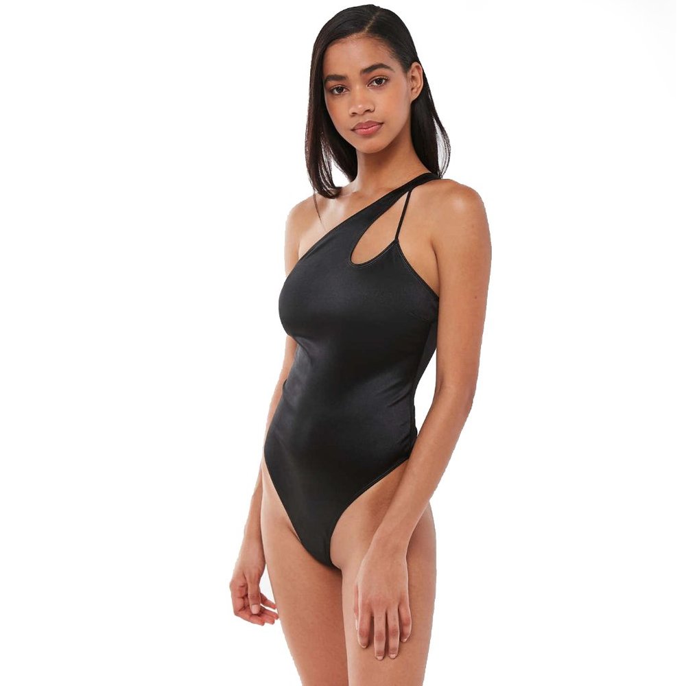 UO black Milla satin strappy one-shoulder bodysuit